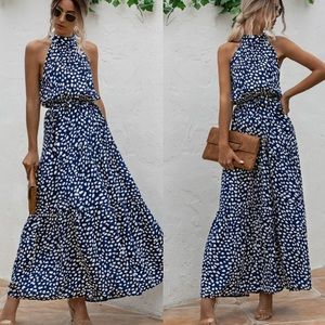 Boho blue white halter dot belted maxi dress